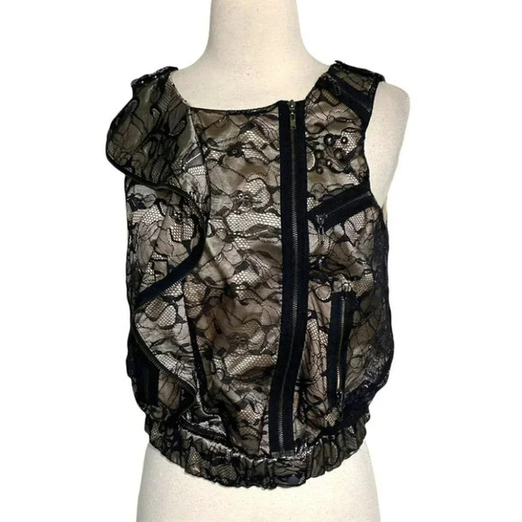 Bebe S black lace moto style top with zippers and ruffle accents - Picture 5 of 7